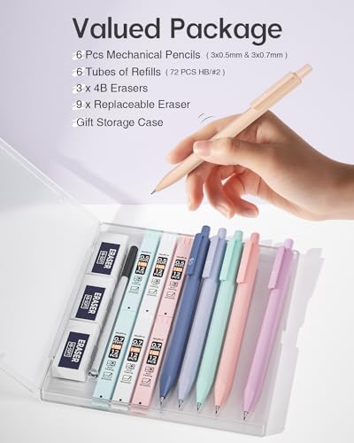 Nicpro Pastel Mechanical Pencil Set, 0.5 & 0.7mm Cute Pencils, Pack of 6