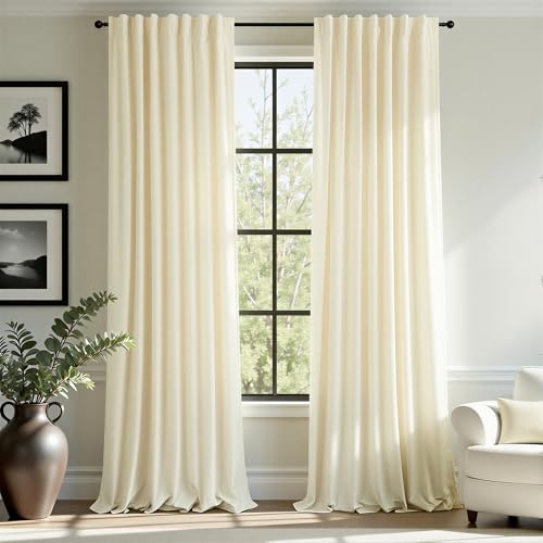 Image of Extra Long Ivory Velvet Curtains for Living Room 108 Inch Thermal Insulated Wide Drapes for Large Window Noise Reducing Light Darkening Curtains for Bedroom Off White Ceiling to Floor Length 2 Panels