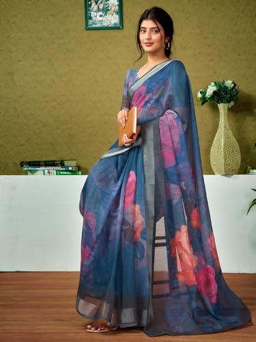 Image of SIRIL Women's Linen Digital Printed Saree With Unstitched Blouse Piece