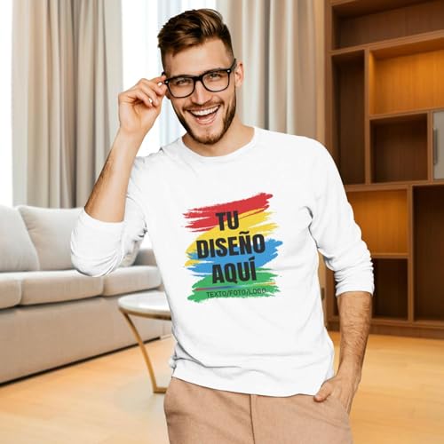 Fyralune Camiseta Personalizada Hombre Manga Larga Diseña tu Logo, Foto o Texto, Camisetas Personalizado para Hombre y Mujer, añade tu Imagen, para Uso Diario, Trabajo, Viajes, Deportes