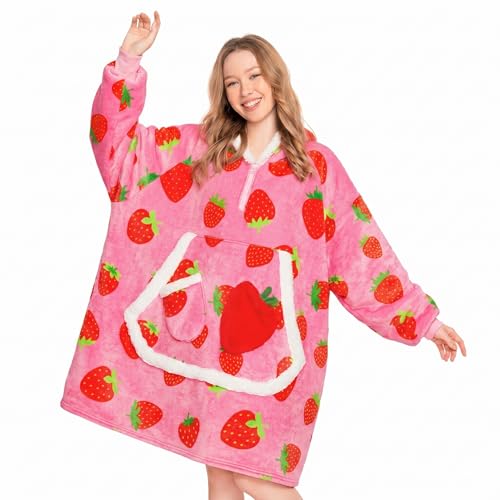 OLAOLA Strawberry Wearable Blanket Hoodie for Adult Oversized Animal Hooded Blanket with Pockets & Sleeves Soft Sherpa Strawberry Print Sweatshirt Comfy for Birthday Gifts