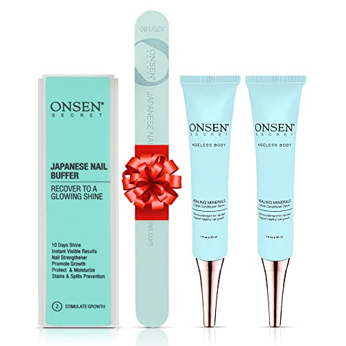 Onsen Secret Japanese Nail Buffer, 2pack Cuticle Conditioner Serum 30ml x2 + Nail File 120/180 Grit Double Sided, 3-Way Nail Buffer Block & Cuticle Serum-30ml x2 w/ Cuticle Oil - Super Value Pack