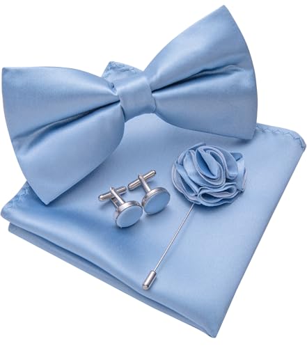 Image of Solid Color Bow Ties for Men Silk Pre-tied Tuxedo Bowtie Set 4PCS | Pre-tied in 3 seconds,adjustable 4PCS bow tie and pocket square cufflinks lapel pin set,wedding,formal,party,prom,graduation