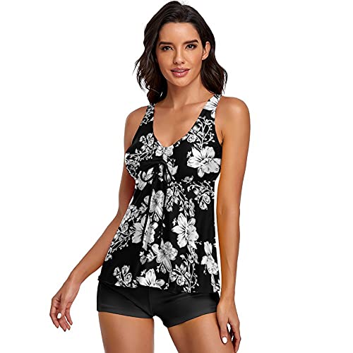 Image of Modest Tankini Swimsuits for Women Two Piece Bathing Suits Floral Print Tank Top with Boyshorts Tummy Control Swimming Suits