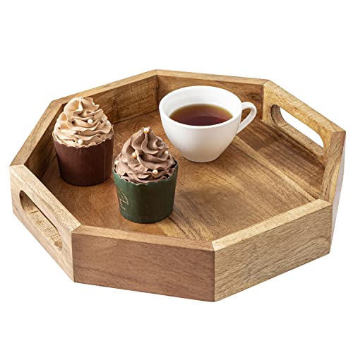 Mygift 12 Inch Deluxe Solid Acacia Wood Octagonal Serving Tray, Decorative Octagon Shaped Coffee Table Tray With Cutout Handles - Made In India #TOP5