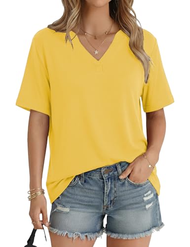 Aottori Damen Oberteile V Ausschnitt Kurzarm Tshirt Damen Sommer Casual Locker Einfarbig Oversize Shirt Gelb S