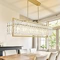 IKK Modern Rectangle Gold Crystal Chandeliers for Dining Room, 42" Large Rectangular Water Ripple Glass Island Light Fixture, Elegant Linear Lighting for Kitchen Island, Living Room, L42 x W11 x H12
