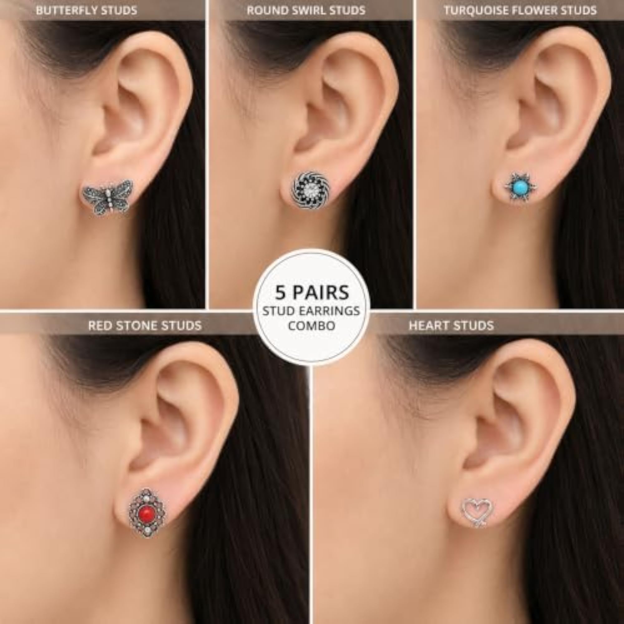 5 Pair Oxidized Silver Tone Floral Leaf Star Stud Earrings Combo Set