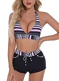 Top del bikini: Parte superior del bikini con estampado halter para mujer con amplias tiras elásticas en el cuello y la espalda, menos presión y conveniente para ajustar el tamaño. El sujetador acolchado extraíble puede brindar apoyo y mejorar su forma.