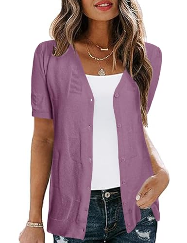Totatuit Damen Kurzarm Strickjacke Sommer V-Ausschnitt Knopfleiste Cardigan Lila M