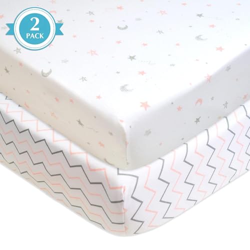 Image of American Baby Company 2 Pack 100% Natural Cotton Fitted Mini Crib Sheets 38 inch x 24 inch - Soft & Breathable Small Nesting Portable Sheets, Fits Pack N Play Mattresses, Pink Stars /Zigzag, for Boys & Girls