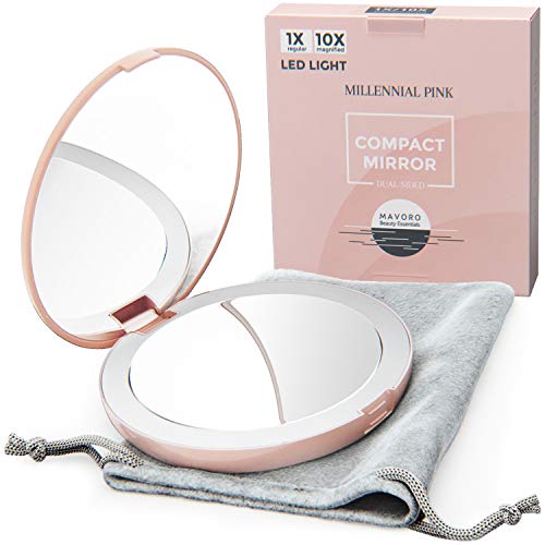 Magnifying Compact Mirror for Purses with LED Ring Light Up – Pink Double