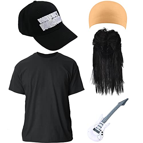 HMPRT 80s Costumes for Men, Halloween Heavy Metal Rocker Wig with Trucker Hat, Black T-Shirt Outfit, 90s Accessories Blow Up Guitar Music Costume Prop,L