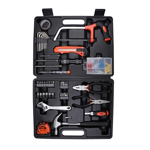 Image of BLACK+DECKER BMT108C Hand Tool Kit for Home & DIY Use (108-Piece) - Includes Screwdriver, Wrench, Ratchet, Utility Knife, Saw, Claw Hammer, Measuring Tape and Plier, 6 Month Warranty, ORANGE & BLACK