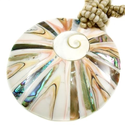 Round Iridescent Abalone Shell Necklace, Natural Cone Shell Shiva Eye Necklace, Handmade Beaded Seashell Abalone Necklaces for Women Jewelry AA2703