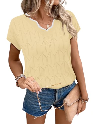 Image of WIHOLL Womens Summer Tops Cap Sleeve Sweater V Neck Shirts Beach Vacation Clothes Business Casual Fashion Clothing