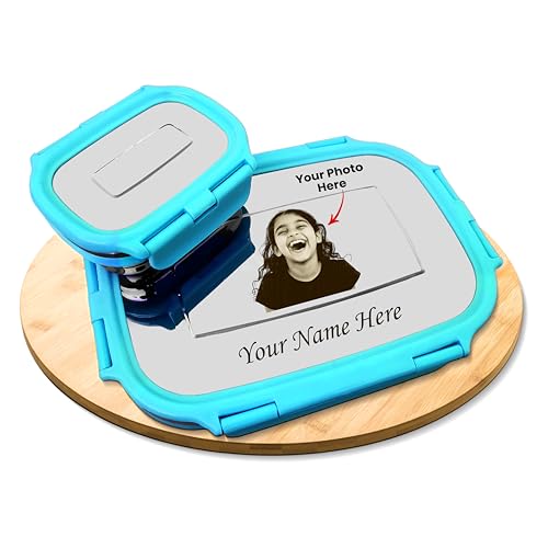 Image of SAVRI Personalized Kids Stainless Steel Lunch Box Blue- Customized Photo & Name Laser Printed Tiffin Box | Leakproof School Snack Storage for Boys & Girls | Birthday Return Gift, Daycare & Picnic Use