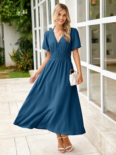 Image of Simplee Women's Summer Flowy Midi Dress Casual V Neck Short Sleeve Empire Waist Boho Beach Dress Wedding Guest Maxi Dress