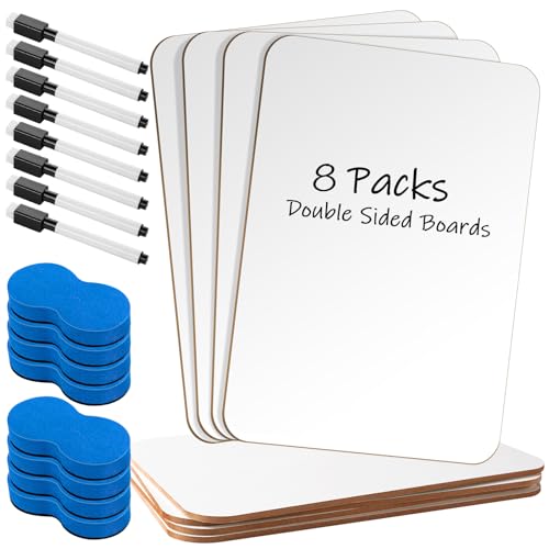Small White Board Dry Erase, 8 Packs Double Sided Mini WhiteBoards with 8 Markers and 8 Erasers 7''x 10'