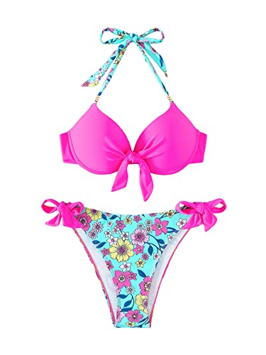 Milumia Women's 2 Piece Floral Print Push Up Bikini Sets Knot Side Halter Swimsuits