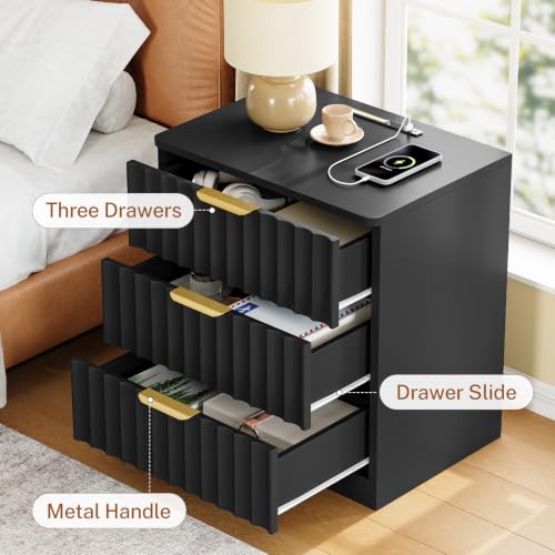 Image of TEENFON Fluted Nightstands Set of 2, Night Stand with Charging Station and LED Light, Nightstand with 3 Storage Drawers, Bedside Table for Small Space, Bedroom, Black