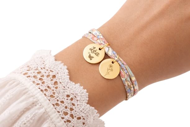 Bracelet Cordon Liberty Personnalisé – Médaille 12 mm Gravée (Prénom/Date/Mot) – 30+ Modèles de Cordon – Possibilité de Plusieurs Médailles –...
