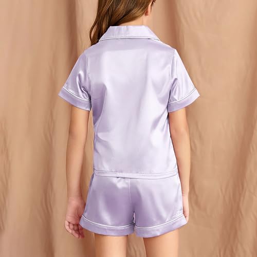 Girls Boys Satin Pa𝗷amas Set 2p𝗝 S𝗶𝗹k N𝐢ghtwear Button Slee𝗽wear Short Summer P𝗝s for Kids Solid Loun𝗴e Clothes2