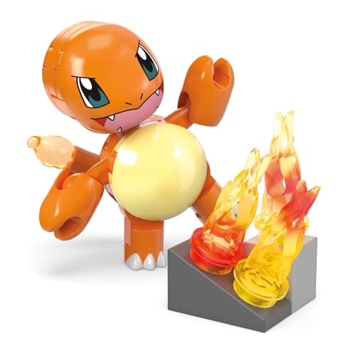 Mega Pokémon Danse Flammes de Salamèche Jouet de Construction avec Figurine articulée de 81 pièces, 1 Personnage à Construire et Mouvement de Rotation, pour Enfants, HTH86