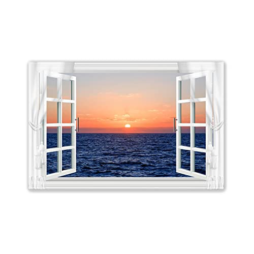 Tableau sur Toile XXL Paysage - Impression sur Toile Vue de la fenêtre- Decoration Murale Salon Moderne - Image sur Toile -Vagues Lever du Soleil 50x75cm(20x30in) Sans cadre