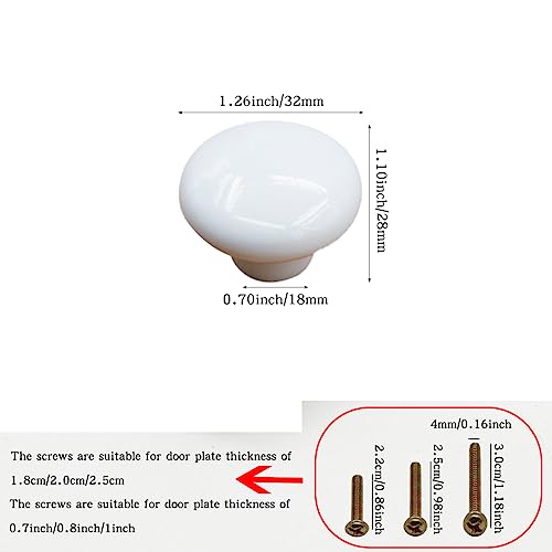 Image of 6PCS White Glossy Ceramic Knobs Button Round Mushroom Cabinet Dresser Vintage Pulls Door Handles Cupboard Wardrobe Drawer, Dia. 1.26 inch 32mm