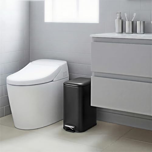 Image of GarveeHome 3.2 Gal Slim Trash Can, Step Garbage Can with Soft-Close Lid, Stainless Steel Recycling Bin Waste Container with Removable Inner Bucket for Kitchen, Bathroom, Office, Black