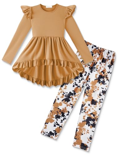 Image of Arshiner Toddler Girl Clothes Ruffle Trim Long Sleeve Pullover Top and Floral Print Leggings Fall Outfits Kids Clothing Sets