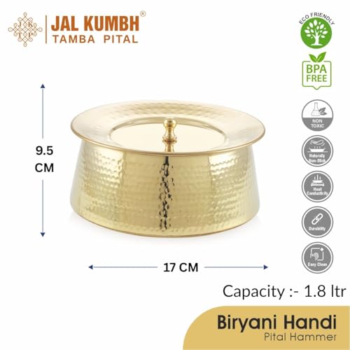Image of Brass Royal BIRYANI Handi-(1.8 Litre) | Handcrafted Traditional Cooking Pot | Brass Lagan for Dum Biryani, Festive Cooking & Serving | Color - Gold