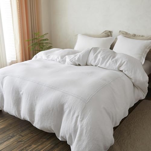 Lit simple sans repassage : parure de lit rustique blanche 100 % lin lavé doux