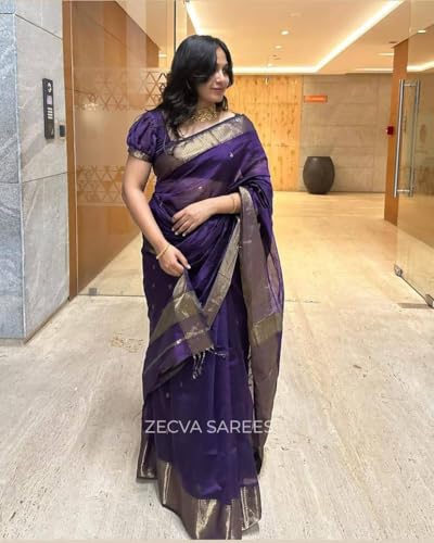 Image of ZECVA Women's Pure Soft Spun Cotton Lichi Silk Saree For Women With Attach Unstitch Blouse Piece