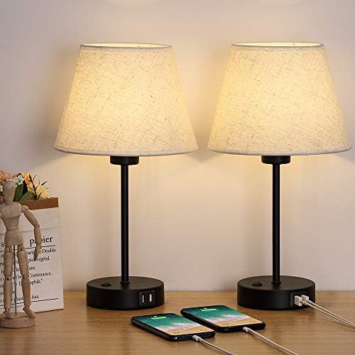 JS NOVA JUNS Table Lamp, Bedside Lamp Set of 2 with Dual USB Charging Ports, Modern Nightstand Light Perfect for Bedroom, Living Room, Study Room