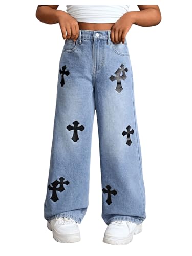 Verdusa Girl's Cross Wide Leg Baggy Jeans Elastic Waist Denim Pants with Pockets