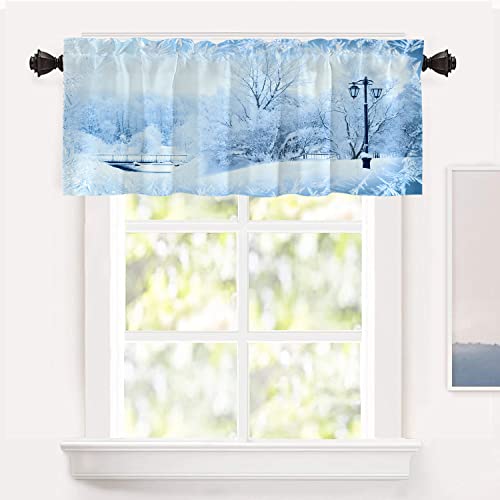 Shrahala Landscape Trees Kitchen Valances Half Window Curtain, Blue Christmas Winter Xmas Cold Snowy Morning ICY Kitchen Valance for Window Ink Printing Kitchen Valances for Kitchen Decor 52x18 inch