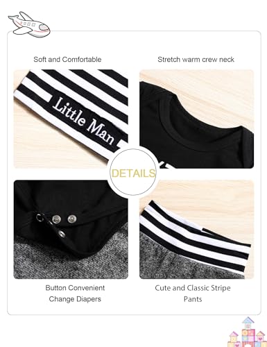 Fommy Baby Boy Clothes 3-6 Months Baby New to The Crew Outfits Set Letter Print Black Romper+Pants+Hat 3PCS Little Man Infant Baby Boy Outfits Set