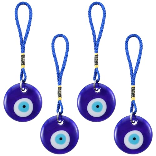 YBEATY 4 Pcs Blue Evil Eye Glass Hanging Pendant Car Rearview Evil Eye Charm Ornament Turkish Greek Amulet Wall Decor Accessories for Good Luck Protection Energy Wedding Party Christmas Home (Round)