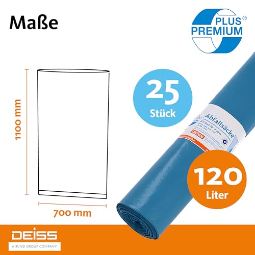 DEISS Müllsäcke 120L Extra Stark - 25er Rolle Umweltfreundliche Reißfeste Müllbeutel Typ 60 - Blaue Große Säcke in Premium Qualität für die höchsten Ansprüche