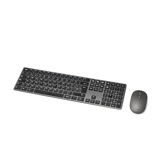 Amazon Basics Teclado ultrafino de tamaño completo y ratón inalámbrico, silencioso y recargable con teclado numérico, ES/MX Layout Gray, color negro