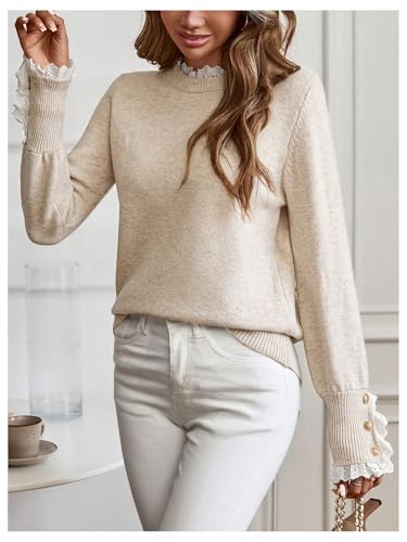 MakeMeChic Women's Fall Sweaters Lace Peplum Mock Neck Cozy Sweater Pullover3