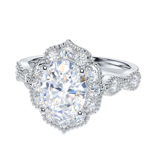 THELANDA 2CT Oval Cut Genuine Moissanite or Simulated Diamond Sterling Silver Milgrain Vintage Promise Ring Halo Engagement Ring3