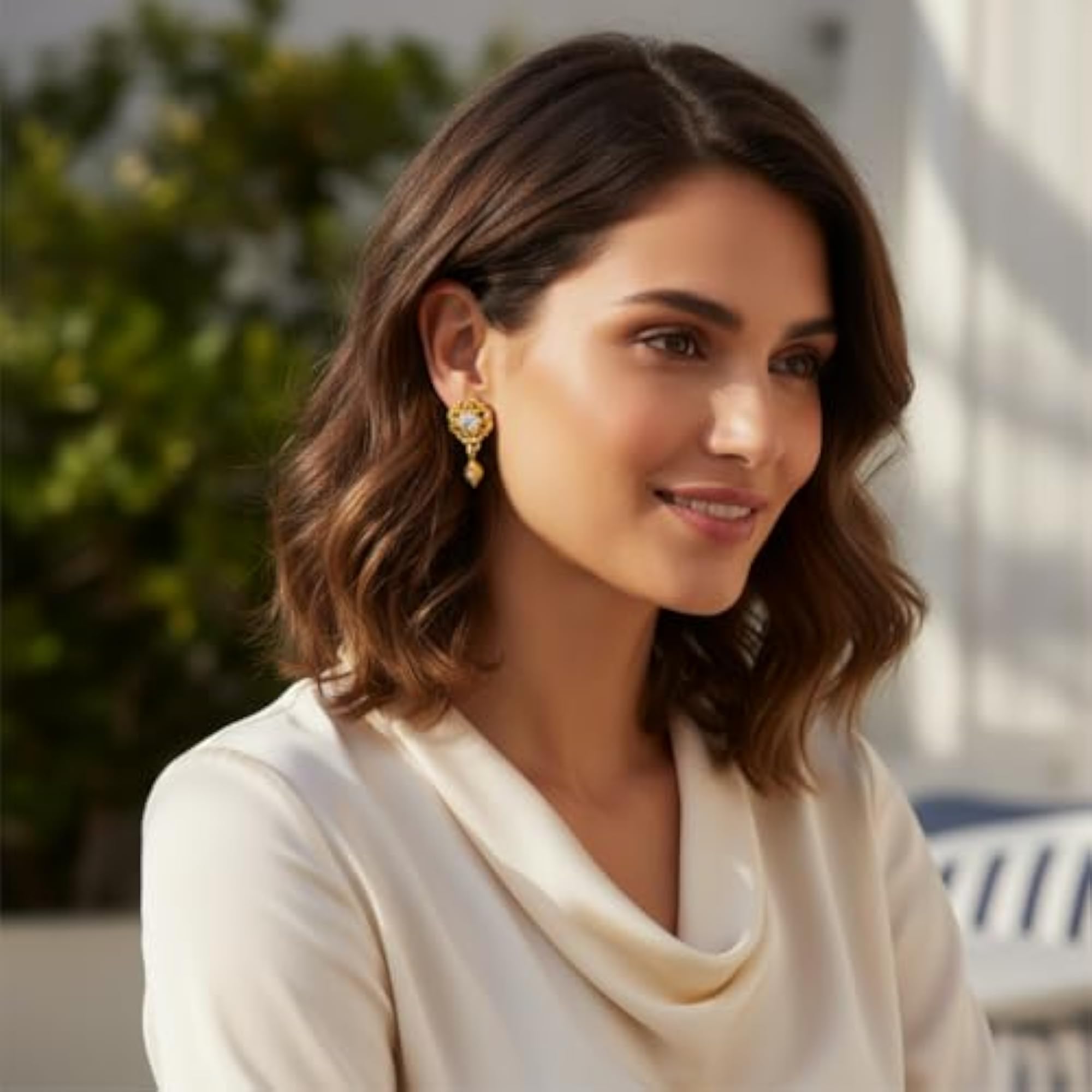 Women's Floral Stud Drop Earrings with CZ Stone, Lightweight