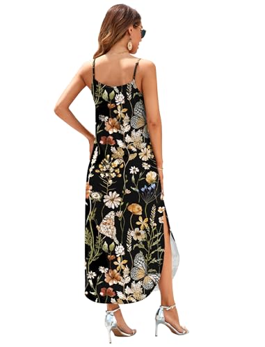 Image of HUSKARY Women's Summer Casual Sleeveless V Neck Strappy Split Loose Dress Beach Cover Up Long Cami Maxi Dresses with Pocket