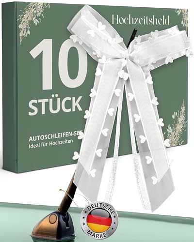 HOCHZEITSHELD Autoschleifen Hochzeit Weiß (10 Stück) Eleganter Autoschmuck Hochzeit für Brautauto - Hochzeitsdeko Auto für Spiegel Türgriff & Antenne - Deko Hochzeit für Tisch Kirche & Standesamt