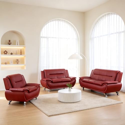 Image of Leather Sectional Couch, Living Room Furniture, 3 - Piece Couch Set, Faux Leather Modern Sectional Sofa Loveseat Chair Set with Sturdy Legs for Living Room /Bedroom /Office,Red