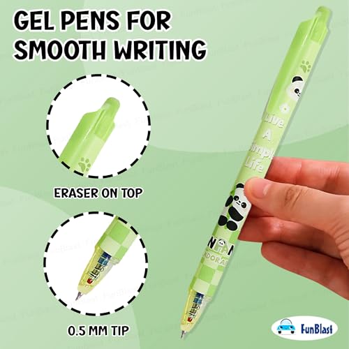 Image of FunBlast Cute Panda Erasable Gel Pens - 12 Pcs of Gel Pen with Magic Eraser, Kawaii Gel Pens, Lightweight Gel Pen with Comfortable Grip, Stationery for School & Office - Blue Ink