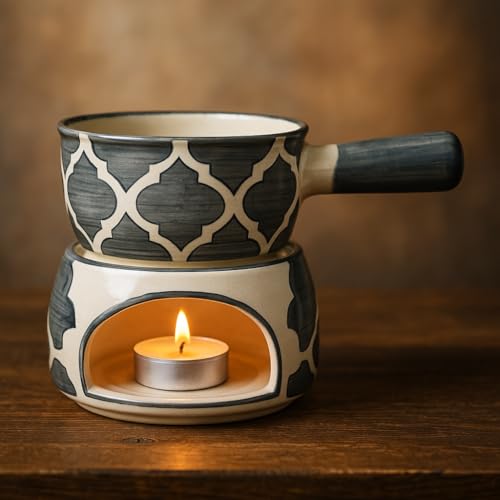 Image of Ceramic Fondue Set (1 Piece of Fondue Set, 2 Tea Light Candle), Capacity 180 ml, Grey